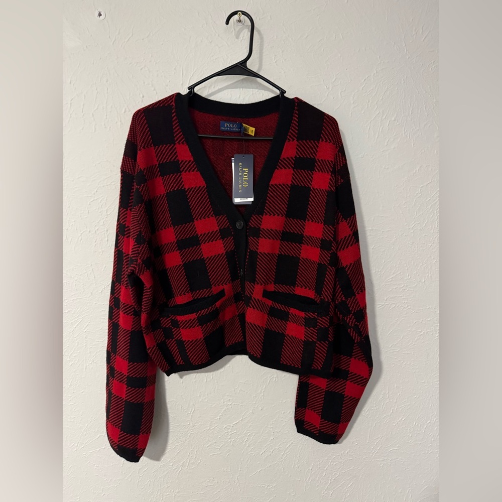 NWT Polo Ralph Lauren Women Red and Black Checkered Sweater Blazer Size XL - Picture 1 of 7
